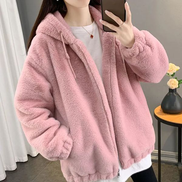 Fur Lucyever Damen Pink Kunstfell Kapuze -Jacken Lose dicke warme Imitation Kaninchenfell Outwear Herbst Winter Midlang Plüschmantel