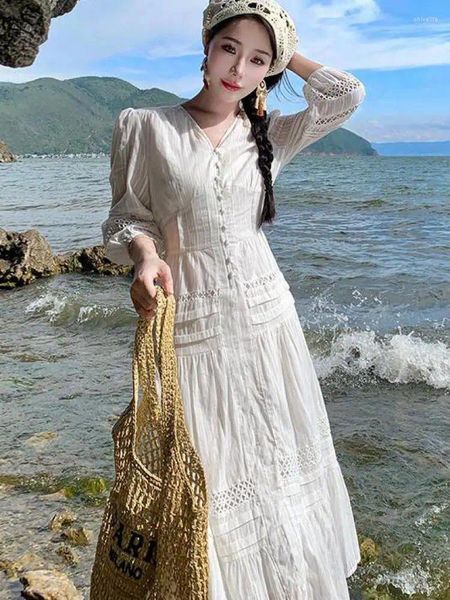 Vestidos casuais francês branco elegante com decote em v princesa festa de noite vestido longo para mulheres primavera verão magro manga de três quartos coreano