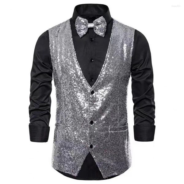 Coletes masculinos Homens Lantejoulas Colete Slim Fit V Neck Colete com Bow-nó para Performance de Palco Compere Emcee Brilhante Sem Mangas