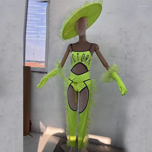 Abbigliamento da palco costumi sexy da ballerina pole Gogo tuta verde pantaloni cavi abito da festa per donna discoteca performance DJ XS7377