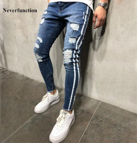 Neue Männer Slim Fit Knie Löcher Hip Hop Skinny Jeans Mode Seite weiß gestreift Distressed Ripped Stretch Streetwear Denim Hose 2104256291