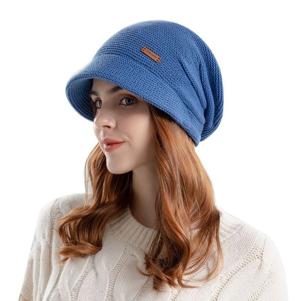 Gorro feminino de pelúcia sólida inverno quente malha pilha chapéu veludo interno à prova de vento boné de proteção de ouvido