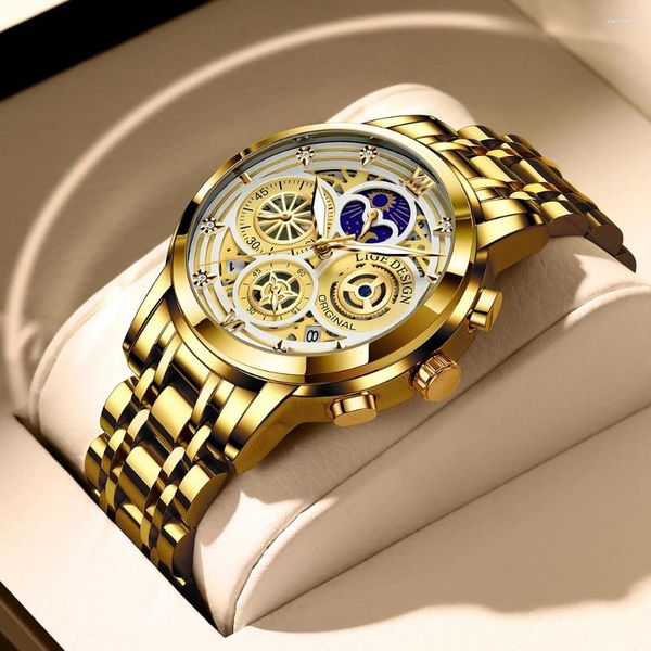 Orologi da polso 2024 LIGE Sport Men Watch Top Brand Luxury Gold Acciaio inossidabile Quarzo Wrsit Fashion Hollow Cronografo impermeabile
