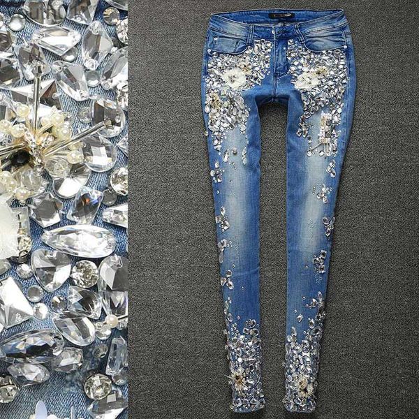 Женские джинсы больших размеров 25-33! Женские роскошные джинсовые джинсы со стразами и бриллиантами, женские узкие стрейч-карандаш, тонкие винтажные H0908 240304