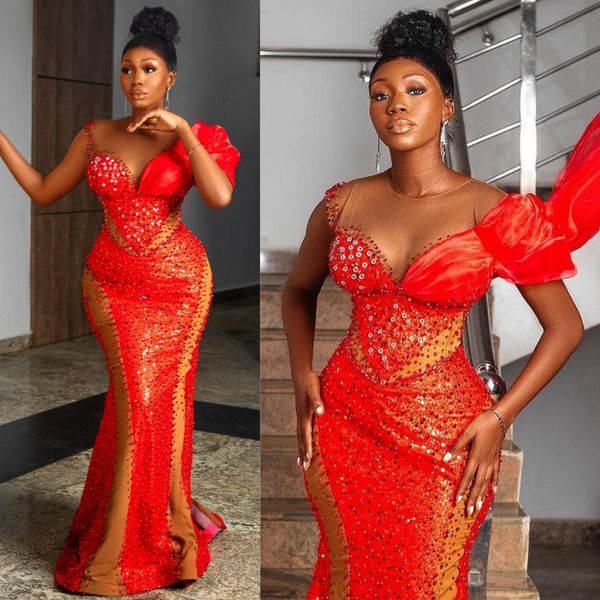 Africano Nigeria Aso Ebi Abiti da ballo Abiti da sera Illusion Sirena Abiti da cerimonia Paillettes Pizzo Perline Abiti di compleanno di gala per donne nere AM464