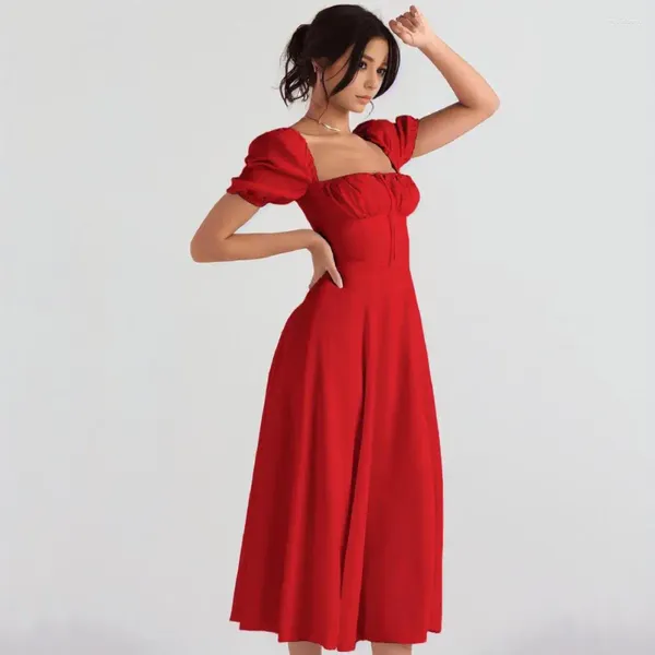 Lässige Kleider, Midi-Kleid mit Schnürung, eleganter quadratischer Ausschnitt mit abgestuften Rüschen, Riemendetail, Damen-A-Linie, plissiert, hohe Taille