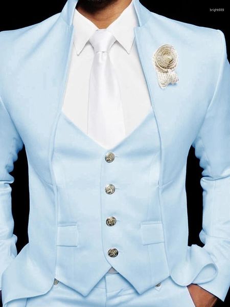 Мужские костюмы KUSON, мужской полный костюм, небесно-голубой вечерний смокинг для свадьбы, приталенный мужской костюм для выпускного вечера, комплект из 3 предметов (куртка, брюки, жилет) на заказ