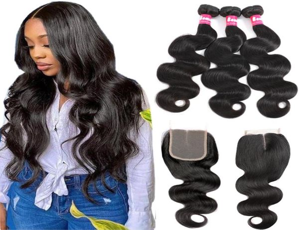 Onda corporal brasileira não processada, 3 pacotes com fechamento de renda 4x4, ofertas de cabelo virgem brasileiro, onda corporal com fechamento, cabelo humano exte6680983