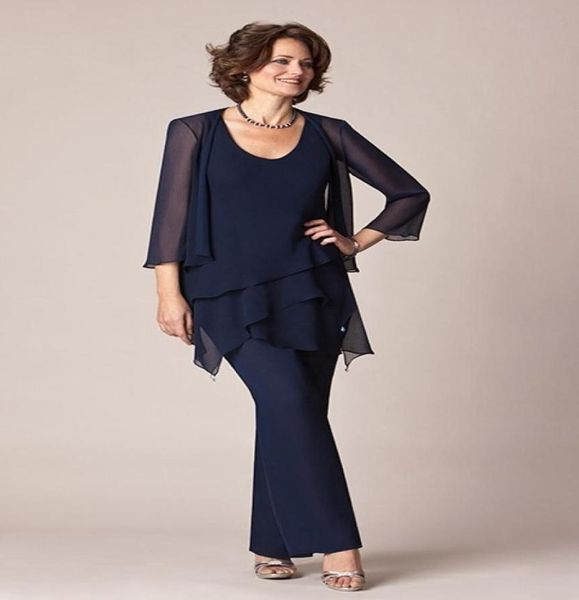 2022 Chiffon blu navy Abiti per la madre della sposa Abiti da cerimonia Abiti con pantaloni lunghi Abito con giacche 34 Maniche Plus Size Abito nero8743893