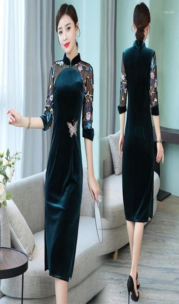 Abbigliamento etnico Verde Qipao Velluto Abito cheongsam Midi Eleganti abiti cinesi Lunghezza manica in pizzo Qi Pao Tradizionale FF22365794600