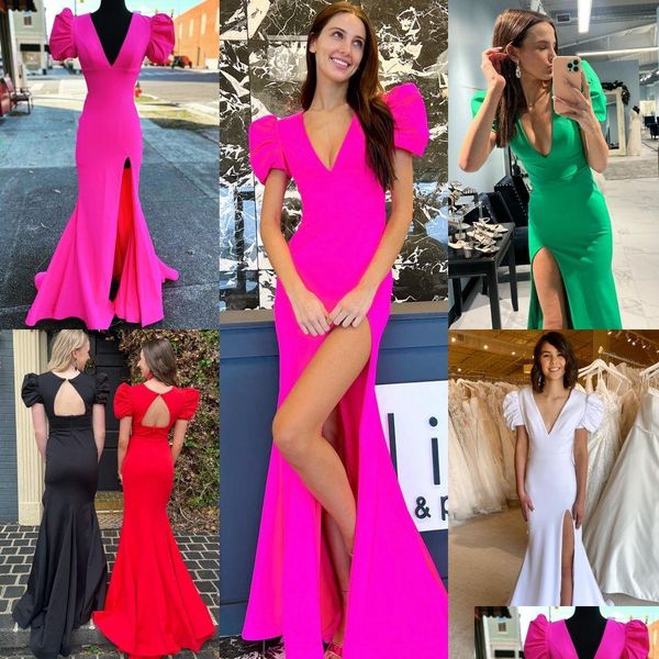 Disponibile Abiti per occasioni speciali Abito da ballo aderente 2K23 Maniche corte a sbuffo Spacco Fucsia Crepe Scollo a V Abito da spettacolo per donna Forma invernale Dhcul