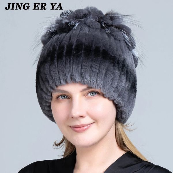 JERYAFUR Pelz Hüte für Frauen Winter Echte Rex Kaninchen Hut Stricken Weibliche Warme Schnee Kappen Damen Elegante Prinzessin Beanies Kappe 240227