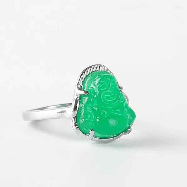 Ciondoli Anello Buddha con pietra preziosa di giada verde Amuleto FENG Shui Gioielli buddisti di ricchezza fortunata regolabili