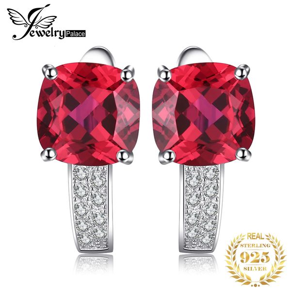 Jewelrypalace 4.4ct criado rubi vermelho 925 brincos de argola de prata esterlina para mulheres almofada corte jóias de pedra preciosa presente de aniversário 240226