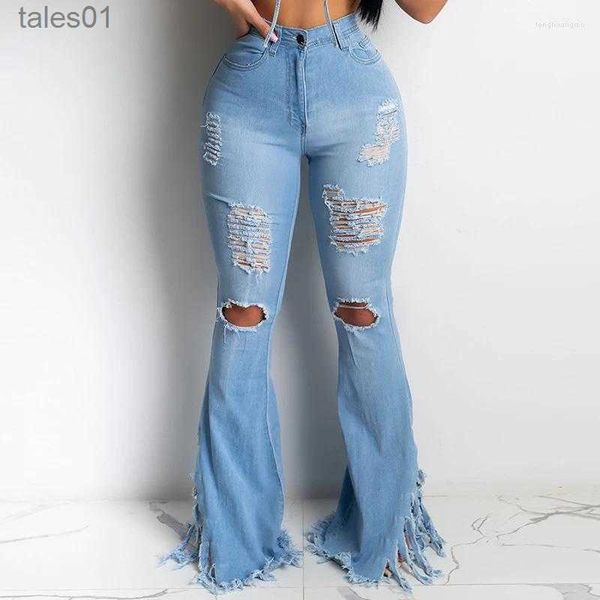 Jeans jeans jeans sexy jeans pantaloni svasati ginocchiera taglio taglio distrutto i pantaloncini a campana larga gamba alla moda di moda 240304 240304