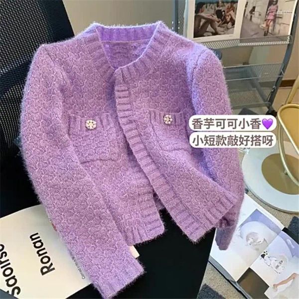 Maglieria da donna Limiguyue Autunno Inverno Maglione di cashmere con perle Caldo lusso monopetto Cardigan lavorato a maglia Lana Maglieria viola U961