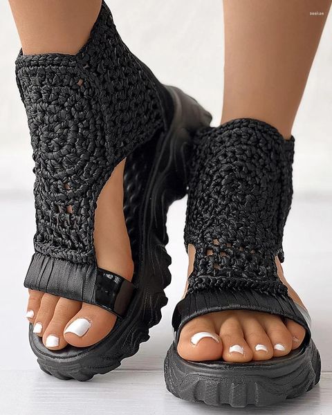 Casual Schuhe Sandalen Frauen Geflochtene Geometrische Keil Gestrickte Elastische Sommer Mesh Flache Hohle Weibliche Plattform