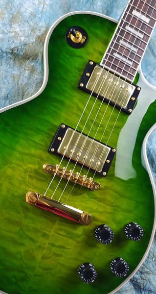 Guitarra elétrica personalizada, flor verde, acessórios dourados, em estoque, frete grátis para raios