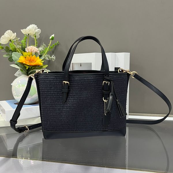 MOLLIE 25 Borsa firmata logo dorato borsa tote in pelle di paglia intrecciata di alta qualità con nappe borse per la spesa borse a tracolla con polizza di carico a mano media donna marrone chiaro incantesimo bianco