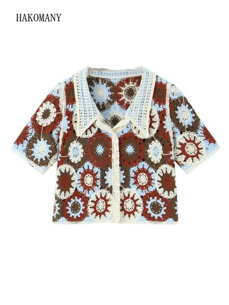 Strickjacken 2023 Frauen Sommer Urlaub Revers Pullover Crop Tops BOHO Handmade Aushöhlen Häkeln Geometrische kreis Blume Kurzarm Strickjacke