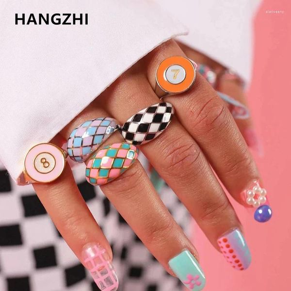 Cluster Ringe HangZhi 2024 Punk Bunte Karierte Geometrische Zahl Poker Strass Taichi Emaille Ring Für Frauen Männer Party Schmuck