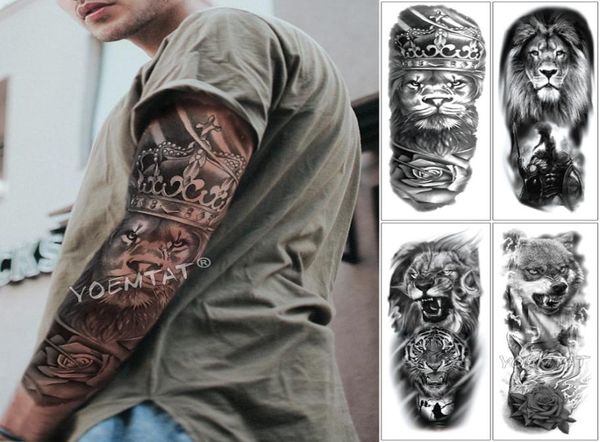 Grande manica del braccio tatuaggio leone corona re rosa impermeabile adesivo temporaneo tatoo lupo selvaggio tigre uomo cranio completo totem tatuaggio T1907114219276