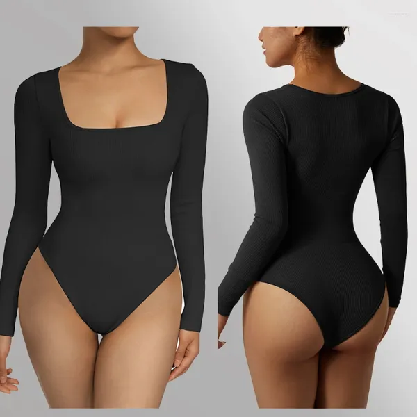 Yoga Outfit Langarm Frauen Körper Streetwear Sexy Bodycon Rippen Ein Stück Square Neck Bodysuit Overall Gym Kleidung Sportswear