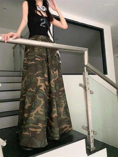 Röcke Camouflage Long Kleid Frauen Sommer koreanischer Stil 2024 hohe Taillenabschleife Design Sinn A-Wort knielange Rock