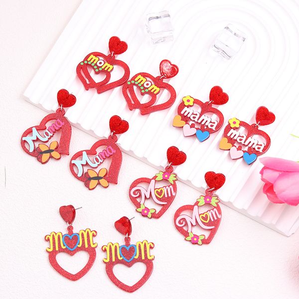 Anne Mom Letter Studs Damla Küpe Kırmızı Pembe Aşk Kalp Akrilik Kelebek Çiçek Dangles Moda Tasarım Açıklama Mücevher Aksesuarları Anneler Günü Kadın Hediyeleri