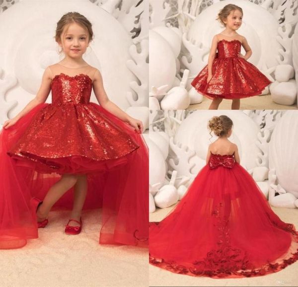 Funkelnde rote Pailletten-Festzug-Kleider für kleine Mädchen, abnehmbare Tüll-Schleppe, Ballkleid, High-Low-Kinder-Weihnachtsgeburtstags-Party-Kleider mit 7430609