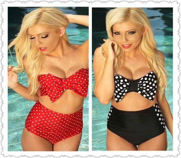 WholeTwopieces maiô swimwear Sexy Red amp Branco Polka Dot Bow Bandeau Top Maiô de cintura alta biquíni LC40669 swi1774702