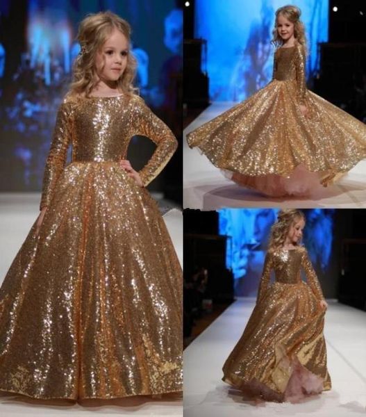 Gold Puined Little Girls Pageant Elbiseleri 2019 Parlaklık Blingbling Uzun Kollu Çocuk Resmi Giyim Balo Kupası Çiçek Kız Elbiseler For4148396