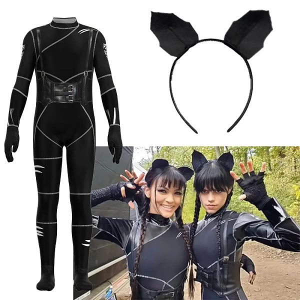 Trajes filme quarta-feira addams cosplay traje poliéster zentai festa preto gato addams macacão bandana traje de halloween feminino meninas