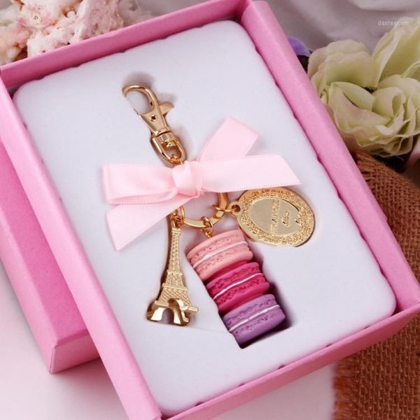 Portachiavi Effiel Tower Macarons Nastro Donna Luxury Macarons Torta Portachiavi su borsa Fascino Borsa Charms Portachiavi per auto Confezione regalo1264g