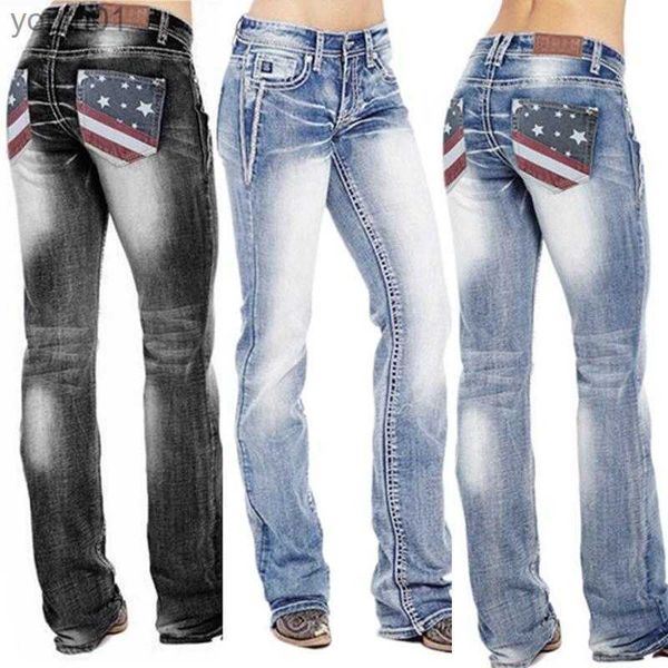 Jeans da donna Jeans bootcut lavati elasticizzati con bandiera americana per pantaloni vintage a vita alta da donna DSA1 240304