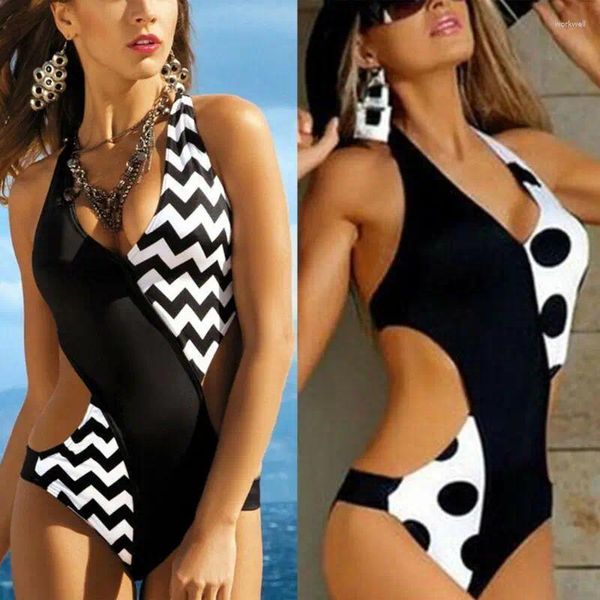 Mulheres de banho mulheres 2024 verão uma peça almofada colorblock terno de natação halter pescoço listra listra polka dot cor costura ternos conjunto