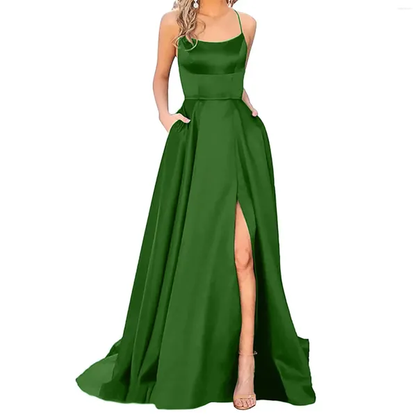 Vestidos casuais mulheres vestido de baile ladie longo elegante sólido halter backles maxi dresse cetim spaghetti festa vestido