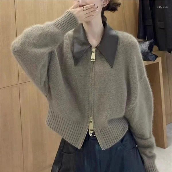 Maglieria da donna Cardigan lavorato a maglia patchwork vintage Colletto in pelle da donna Cappotto maglione con doppia cerniera Mujer Autunno Moda Pullover Streetwear