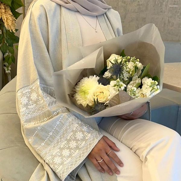 Ethnische Kleidung Ramadan Baumwolle Leinen Muslimisches bescheidenes Kleid für Frauen Eid Stickerei Offene Abaya Dubai Islam Türkei Kleider Lose Langarm