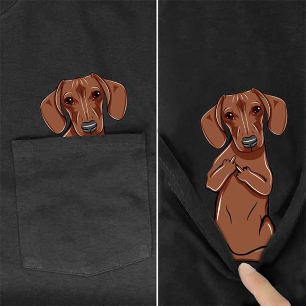 Cloocl preto algodão camiseta bolso bonito dachshund dedo médio 3d impresso tshirt camisas casuais engraçado algodão t harajuku topos 240304