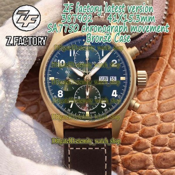 2020 ZFF Ultima serie Spitfire Fighter Serie Custodia in bronzo 387902 Quadrante verde ETA A7750 Cronografo meccanico Orologio da uomo Cronometro Watche298r