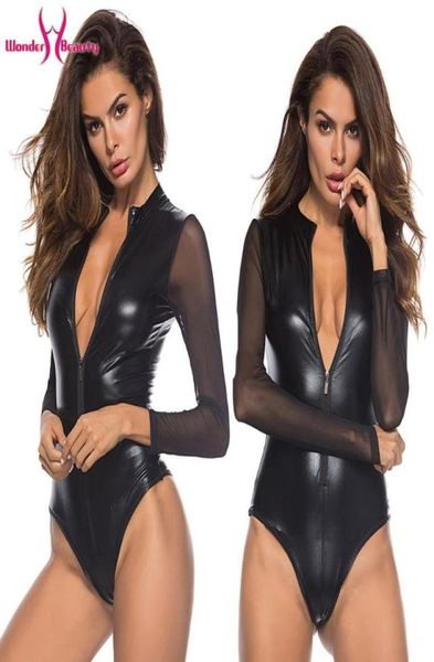 Preto malha manga longa bodysuit de couro falso com zíper feminino plus size 4xl corpo do plutônio feminino sexy clubwear festa pvc bodysuits women4731448