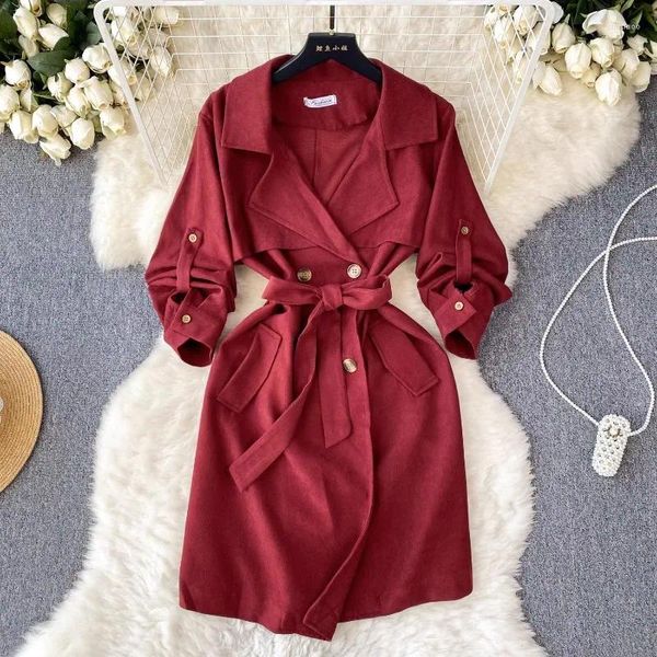Casual Kleider 2024 Koreanische Stil Frauen Windjacke Mantel Kleid Mittellange Jacken Fit Dünne Feste Farbe Langarm