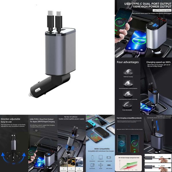 Novo 100w super carregamento carro charuto 4 em 1 adaptador retrátil carga rápida c cabo tipo cigarro isqueiro r9z0