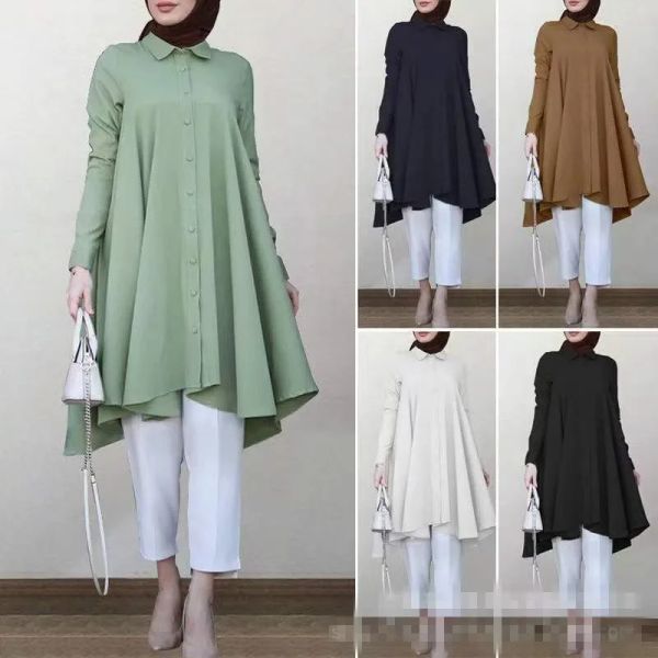 Tops Muslim Abayat Einfarbig Revers Knopfleiste Schwalbenschwanz Bogen Saum Abayas für Frauen Mehrfarbig Langarm Damen Shirt Islamisch