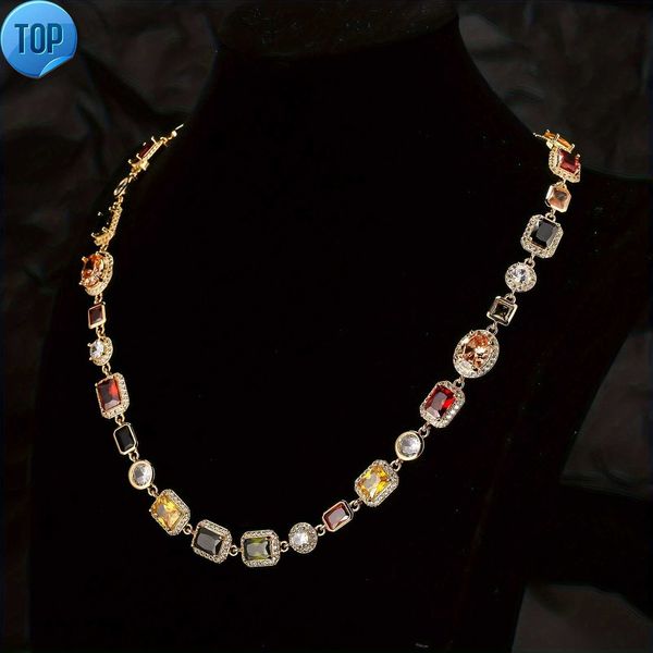 Personalisierte bunte Zirkonia-Halskette, Hip-Hop-Vintage-Halskette mit 18 Karat vergoldetem mehrfarbigem Edelsteinstein, Damen-Halskette für Männer