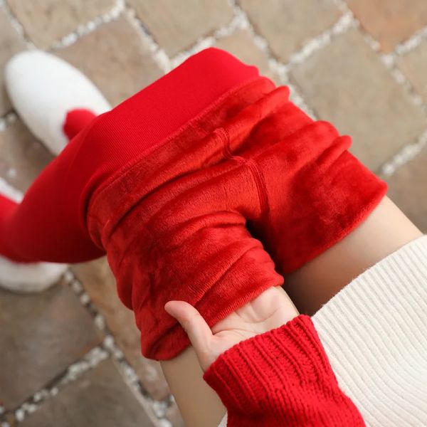 Leggings, reines Rot, dick, mit Fleece gefüttert, hohe Taille, Leggings für Damen, Weihnachten, Herbst, Winter, Thermohose, weiche, dehnbare, heiße Mädchen-Strumpfhose