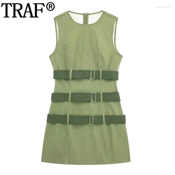 Vestidos casuais 2024 cinto verde vestido de carga sem mangas tanque mini mulher streetwear primavera curto para mulheres bodycon