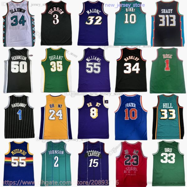 Retro Michael Stitched Basketbol Bryant Jersey Iverson Bird Carter Pippen Rodman McGrady Garnett Malone Williams Bibby Stockton Kemp Payton Barkley Nash Ewing