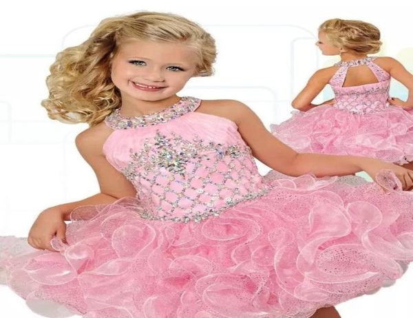 2022 Glitz Cupcake Ragazze Abiti da spettacolo Rosa Organza Ruffles Flower Girls Dress Moda Festa di compleanno Mini Perline di cristallo Ba9804932